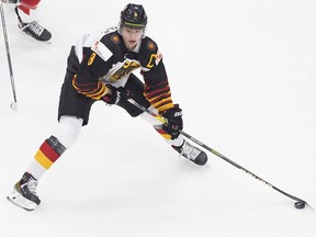 Tim Stuetzle #8 of Germany during the 2021 IIHF World Junior Championship at Rogers Place on December 26, 2020 in Edmonton, Canada.