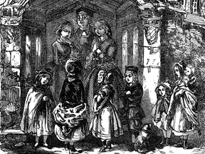 An engraving from 1864 of a group of Victorian children singing Christmas carols.