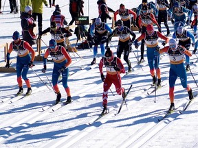 The mass-start men's 50K classic-style race at the 2019 Canadian Ski Championship at the Nakkertok Nordic Ski Centre.