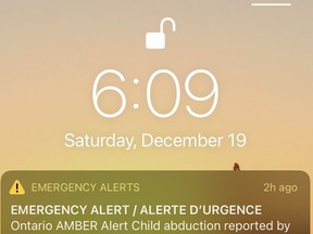 A screen shot of an emergency alert sent to mobile devices in Ontario on Saturday. The emergency Amber Alert actually duplicated an emergency notice sent Friday.