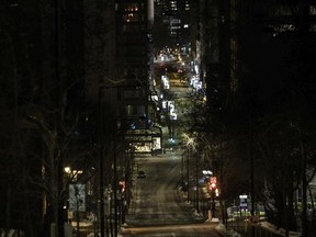 Peel St. in Montreal was empty after curfew Jan. 9, 2021.