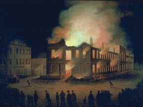 Illustration of the Burning of the Parliament Building in Montréal, by Joseph Légaré, about 1849. (M11588, McCord Museum, Montreal)