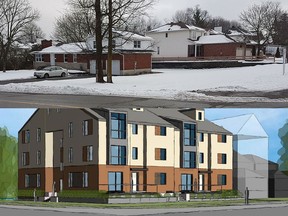 The house at 33 Maple Grove Rd. in Kanata now (top); and the pitch for a new apartment building later.