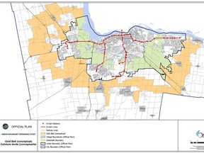 Map of the city of Ottawa's proposed "Gold belt" which would act as a second Greenbelt, limiting urban expansion in the city.