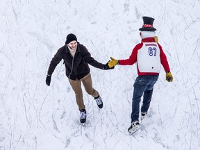 A file photo from the 2020 edition of Winterlude shows skaters on the Rideau Canal Skateway. The NCC has announced that Winterlude will be "virtual" in 2021, but says it's preparing the skateway for use.