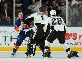 "My role is similar to every team I've been on: A fourth-line guy that makes sure the other team stays honest," said Haley. — New York Islanders' Micheal Haley  fights Brent Johnson of the Pittsburgh Penguins, February 11, 2011.