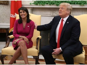 Then-U.S. president Donald Trump announces that he has accepted the resignation of Nikki Haley as U.S. Ambassador to the United Nations in 2018. She has played her cards cleverly.