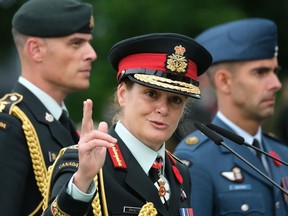 Julie Payette, who has stepped down as Governor General, speaks at a commemorative ceremony at the Commonwealth War Graves Commissions Beny-sur-Mer Canadian War Cemetery in Normandy on June 5, 2019 near Reviers, France.