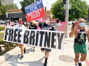 Files: Supporters of Britney Spears gather outside a courthouse in downtown for a #FreeBritney protest as a hearing regarding Spears' conservatorship is in session on August 19, 2020 in Los Angeles, California.