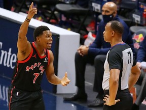 Kyle Lowry of the Raptors argues with referee Rodney Mott during the first half of a Jan. 2 game against the New Orleans Pelicans.
