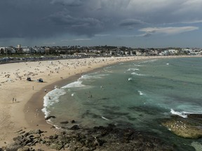 A general view of a busy Bondi Beach on January 14, 2021 in Sydney, Australia. New South Wales recorded no new locally acquired cases of COVID-19 in the last 24 hour reporting period.
