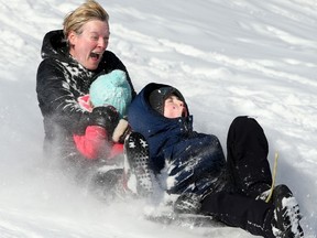 Local mom Rebecca and two of her three kids, Frances, 6, and Callum, 10, had a wild ride on one of the local hills.