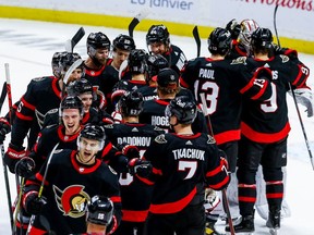 Ottawa Senators celebrate their 5-3 win against the Toronto Maple Leafs.