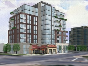 Trinity Developments wants to build a nine-storey mixed-use building behind a relocated and reassembled heritage "cottage" gas station at 70 Richmond Rd.