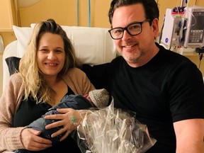 First baby Harlow Winter Margaret Bianco, with mom Brandy McCann and dad Bruce Bianco at the Montfort birthing centre on New Year's Day.
