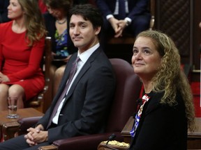 Before the fall: Prime Minister Justin Trudeau and then-governor general Julie Payette look to the gallery as they wait to deliver the Throne Speech in the Senate chamber in 2019.