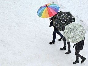 People holding umbrellas walk in the snow.