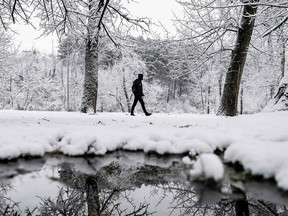 A man walks in a snow covered park.