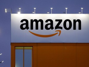 FILE PHOTO: The logo of Amazon is seen at a company logistics centre.