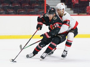 Ottawa Senators Tim Stuetzle (left) and Artem Zub at the scrimmage on Monday at the Canadian Tire Centre.