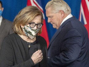 Ontario Associate Medical Officer of Health Dr. Barbara Yaffe and Premier Doug Ford participate in a recent briefing on COVID-19.