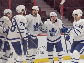 Maple Leafs cente Joe Thornton (97) celebrates with team his goal scored in the first period against the Ottawa Senators at the Canadian Tire Centre on Saturday.