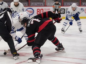 Toronto Maple Leafs center Jason Spezza (19) faces off against Ottawa Senators left wing Brady Tkatchuk (7) in the second period at the Canadian Tire Centre.