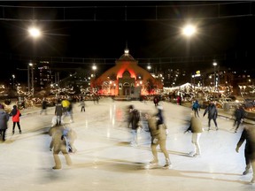 Skating at night at Lansdowne park in Ottawa Friday Jan 8, 2021. New restrictions take effect today limiting city rinks to no more than 25 people at a time.