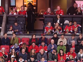 Senators fans in the stands below the private box of owner Eugene Melnyk, top left, during a previous game against the Tampa Bay Lightning