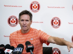 Sylvain Bruneau, coach of Canadian tennis star Bianca Andreescu, responds to a question during a news conference in Montreal on Tuesday, September 10, 2019.