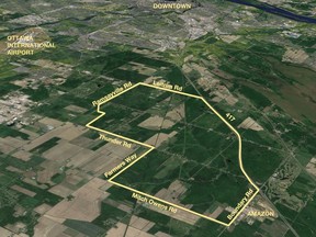 A map shows the land where the Algonquins of Ontario and Taggart Investments want to buit Tewin, a new suburban community near the eastern edge of Ottawa.