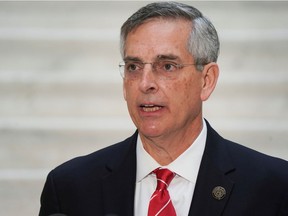 FILE PHOTO: Georgia's Secretary of State Brad Raffensperger speaks during a news conference on election results in Atlanta, Georgia, U.S., December 2, 2020.