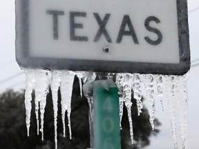 Icicles hang off the  State Highway 195 sign on February 18, 2021 in Killeen, Texas.