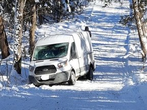 Provincial police patrolling snowmobile trails in Glengarry Township on the weekendencountered this delivery van whose driver relied a little too much on the GPS for the next delivery. OPP photo