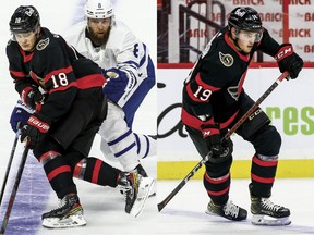 Ottawa Senators wingers Tim Stuetzle (left) and Drake Batherson.