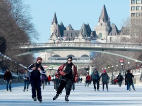 People enjoying the sun and the full length of the Rideau Canal skateway.