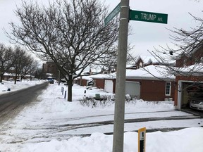 The 'Trump Avenue' street sign is seen in a west side suburb in Ottawa on January 26, 2021.