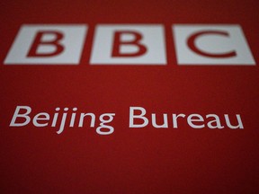 This photo shows the BBC logo at their Beijing bureau office on February 12, 2021.