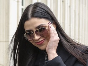 FILE: Emma Coronel Aispuro, wife of Joaquin 'El Chapo' Guzman leaves from the US Federal Courthouse after a verdict was announced at the trial for Joaquin 'El Chapo' Guzman on February 12, 2019 in Brooklyn, New York. US authorities arrested the wife of jailed Mexican drug lord Joaquin "El Chapo" Guzman Loera February 22 as she arrived at Dulles International Airport outside of Washington, the Justice Department said.