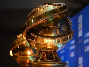Photo taken on December 09, 2019 of Golden Globe trophies.