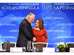 Then-U.S. secretary of state Rex Tillerson is welcomed by then-foreign minister Chrystia Freeland to the Vancouver Foreign Ministers Meeting on Security and Stability on the Korean Peninsula, in 2018.