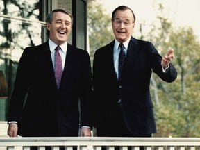 This photo taken in 1988 shows then-U.S. vice president George Bush sharing a laugh with then-prime minister Brian Mulroney in Washington. Bush would go on to become president and the two men would forge a strong alliance.
