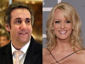 Michael Cohen at the Trump Tower in New York; Stormy Daniels at the Grammy Awards in Los Angeles.