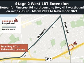 The 417 on-ramp at Pinecrest northbound  will close for Stage 2 LRT work starting at midnight on March 1. It will remain closed until November.