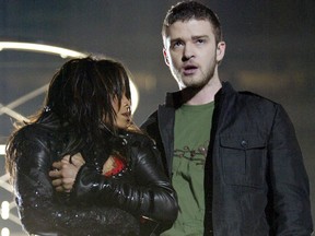 FILE- File Photo of Singers Janet Jackson and surprise guest Justin Timberlake perform during the halftime show at Super Bowl XXXVIII at Reliant Stadium on February 1, 2004.