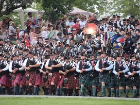 Hundreds of pipers and drummers perform together at the Glengarry Highland Games in August 2019 in Maxville.
