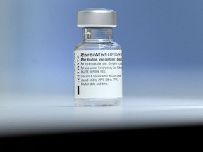 A vial of of Pfizer-BioNTech coronavirus disease (COVID-19) vaccine.