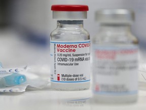 A January file photo of a vial of the Moderna COVID-19 vaccine.