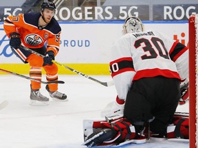 Ottawa Senators goaltender Matt Murray (30) makes a save against Edmonton Oilers forward Connor McDavid (97) during the first period at Rogers Place.