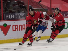 Senators defenceman Nikita Zaitsev (22) skates with the puck in the first period of Saturday's game against the Canadiens at Canadian Tire Centre.